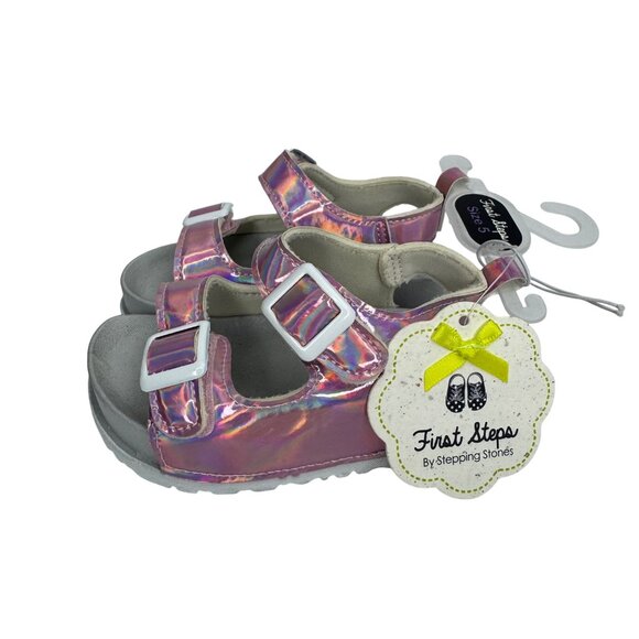 First Steps By Stepping Stones Iridescent Pink Velcro Strap Sandals Size 5 Toddl - Picture 4 of 8